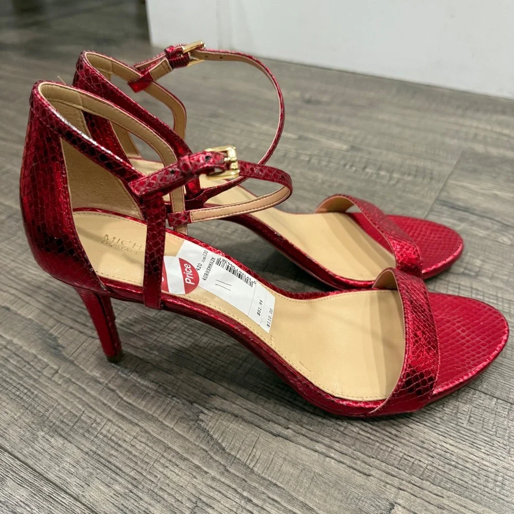 Michael Kors Red Metallic Snakeskin Embossed Leather Sandals Heels 11M